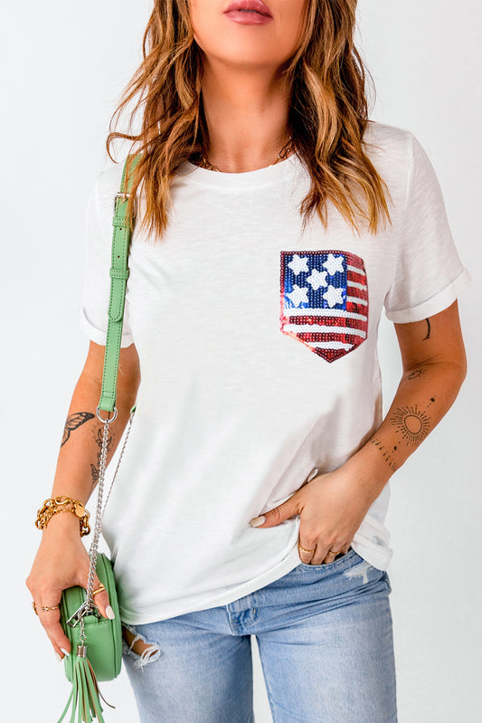 US Flag Round Neck Short Sleeve T-Shirt-Angel Casuals