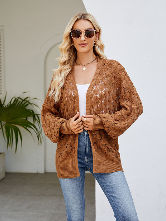 Openwork Open Front Lantern Sleeve Cardigan-Angel Casuals