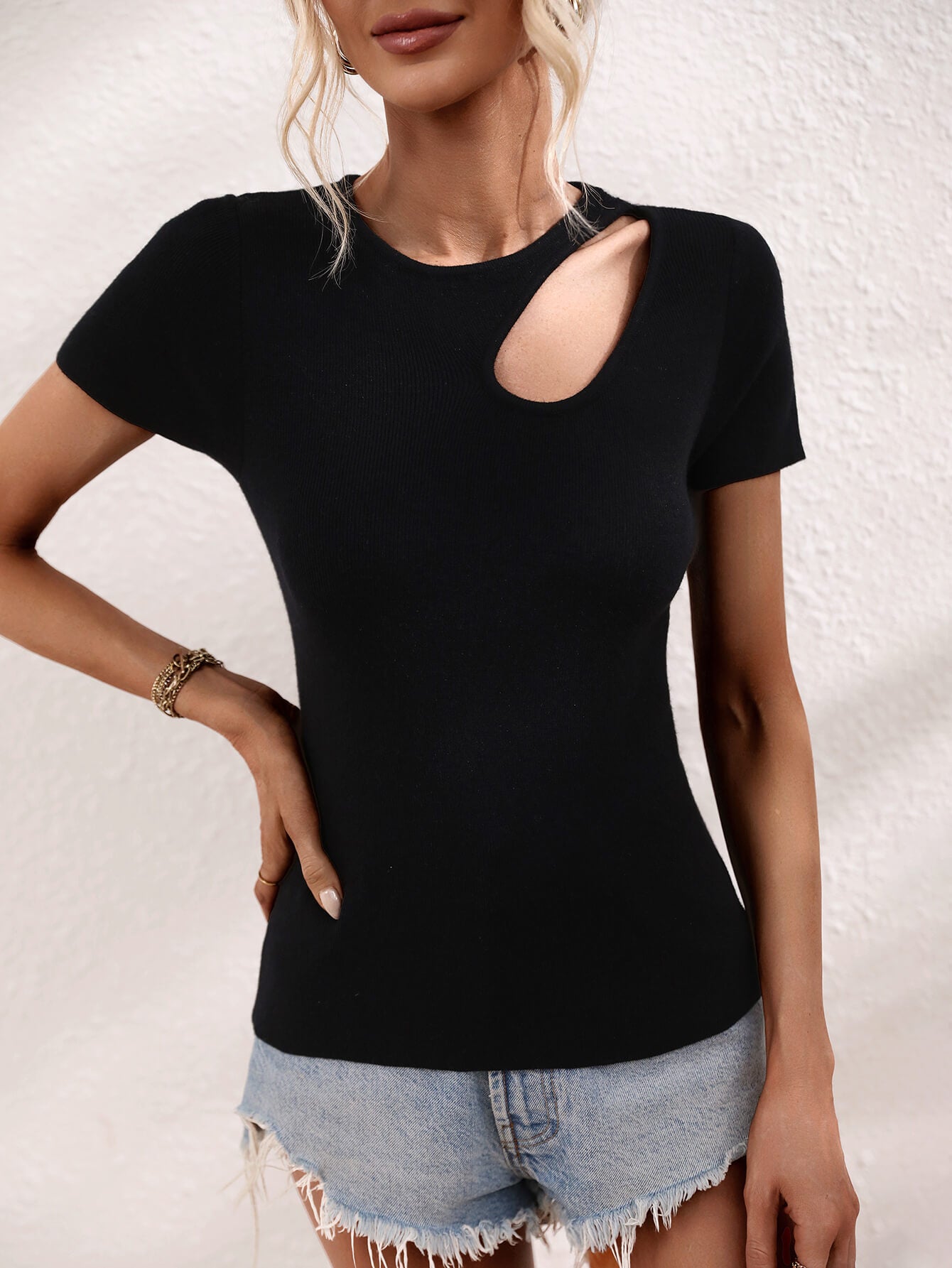 Cutout Round Neck Short Sleeve Knit Top-Angel Casuals