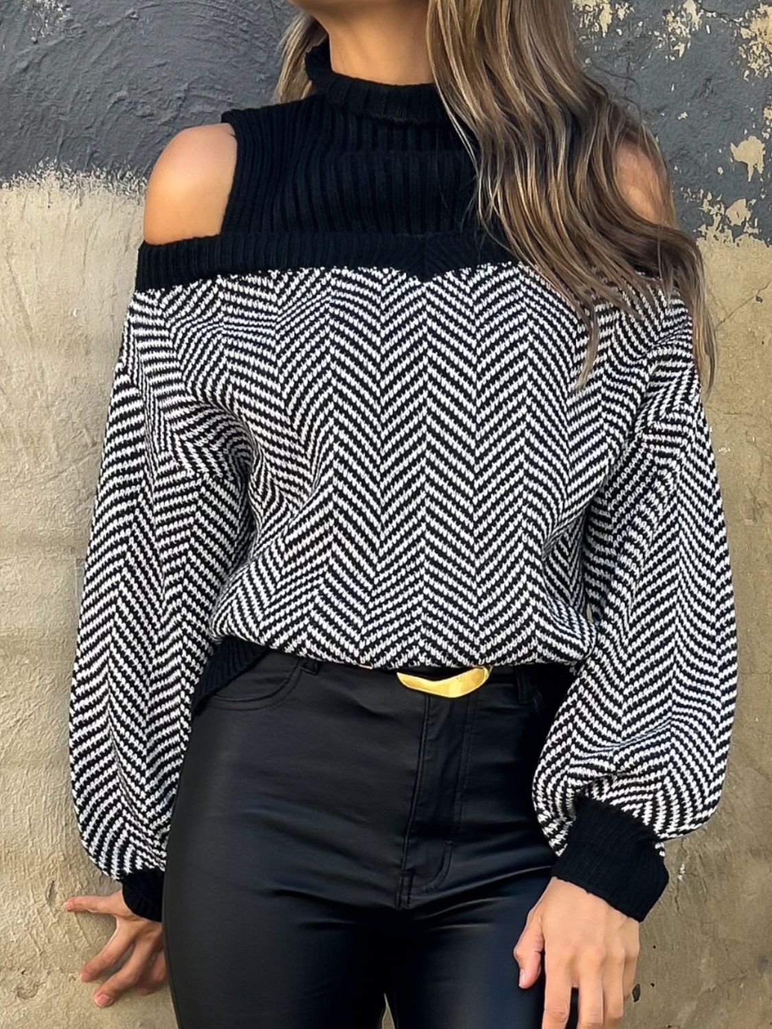 Perfee Mock Neck Cold Shoulder Sweater-Angel Casuals