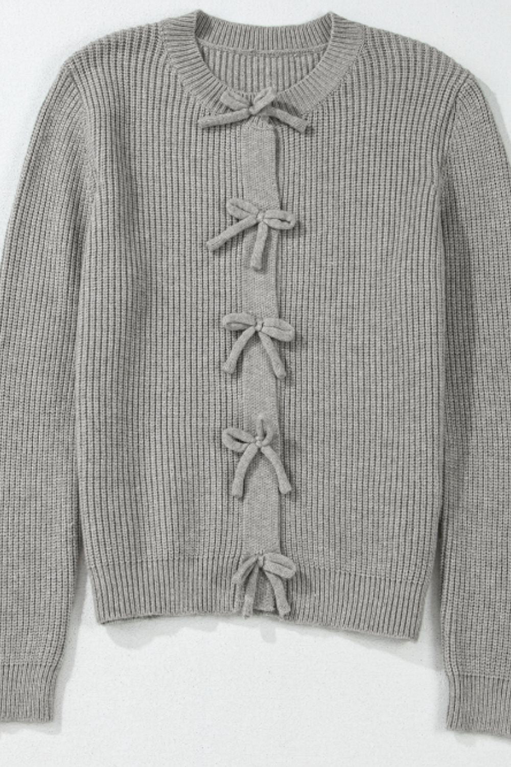 Bow Round Neck Long Sleeve Cardigan-Angel Casuals