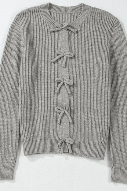 Bow Round Neck Long Sleeve Cardigan-Angel Casuals