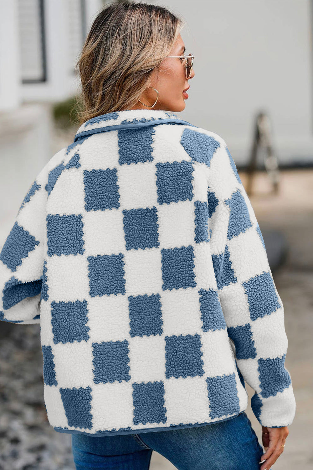 Checkered Snap Down Long Sleeve Teddy Jacket-Angel Casuals