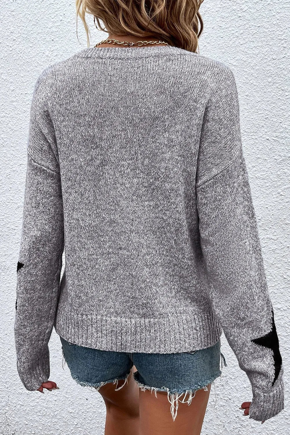 Star Round Neck Dropped Shoulder Sweater-Angel Casuals