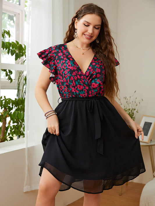 Plus Size Floral Surplice Neck Flutter Sleeve Dress-Angel Casuals