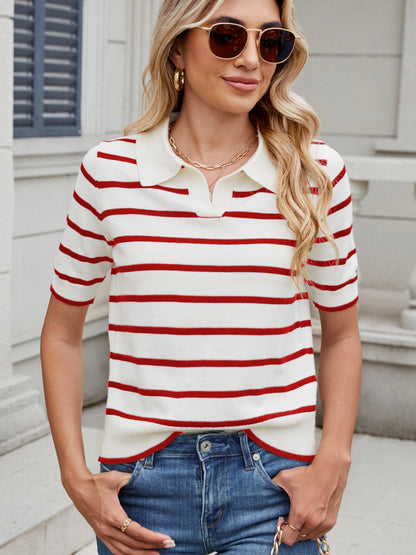 Striped Johnny Collar Short Sleeve Sweater-Angel Casuals