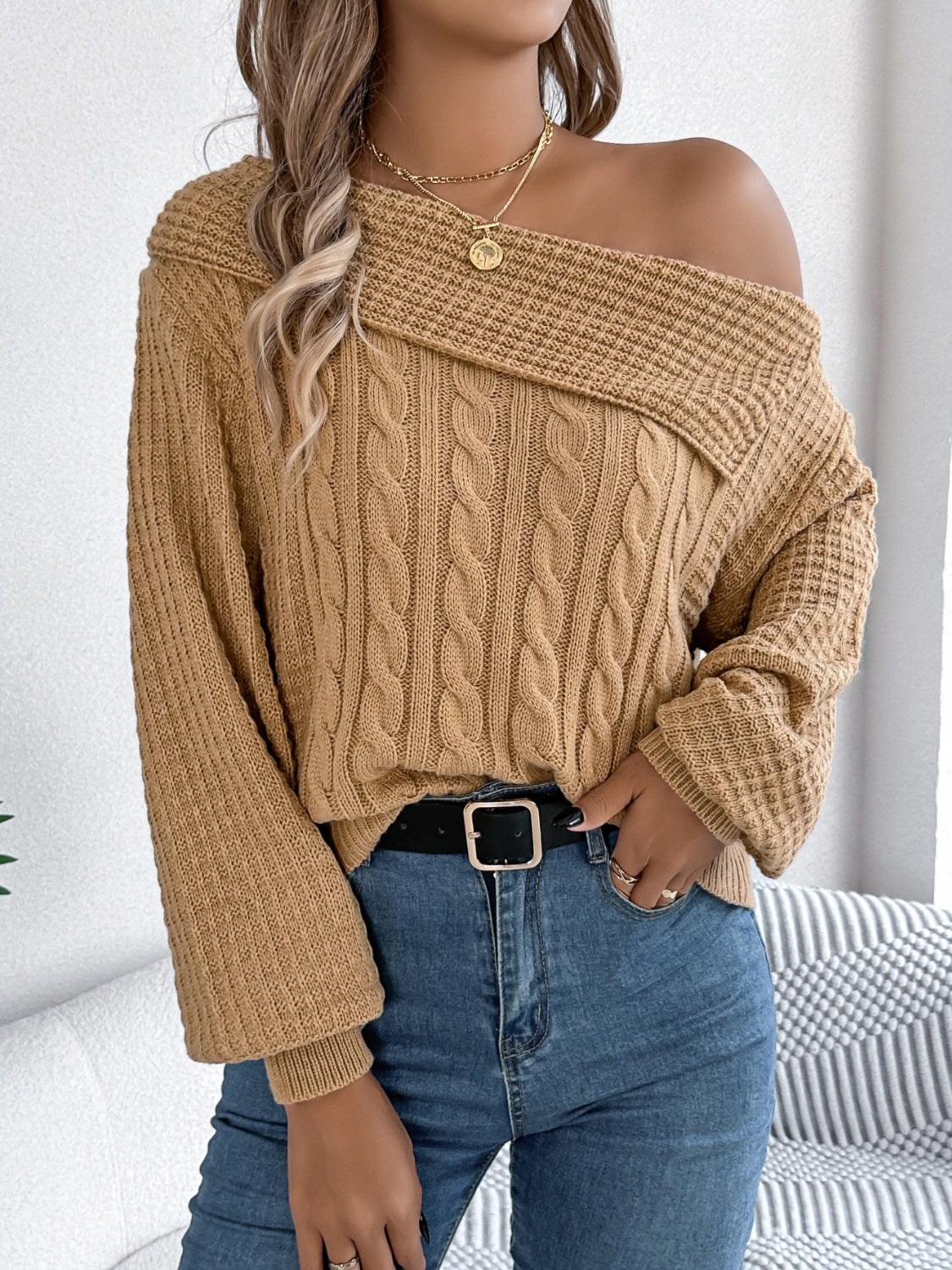 Cable-Knit One Shoulder Long Sleeve Sweater-Angel Casuals