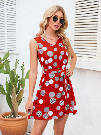 Tied Polka Dot V-Neck Dress-Angel Casuals