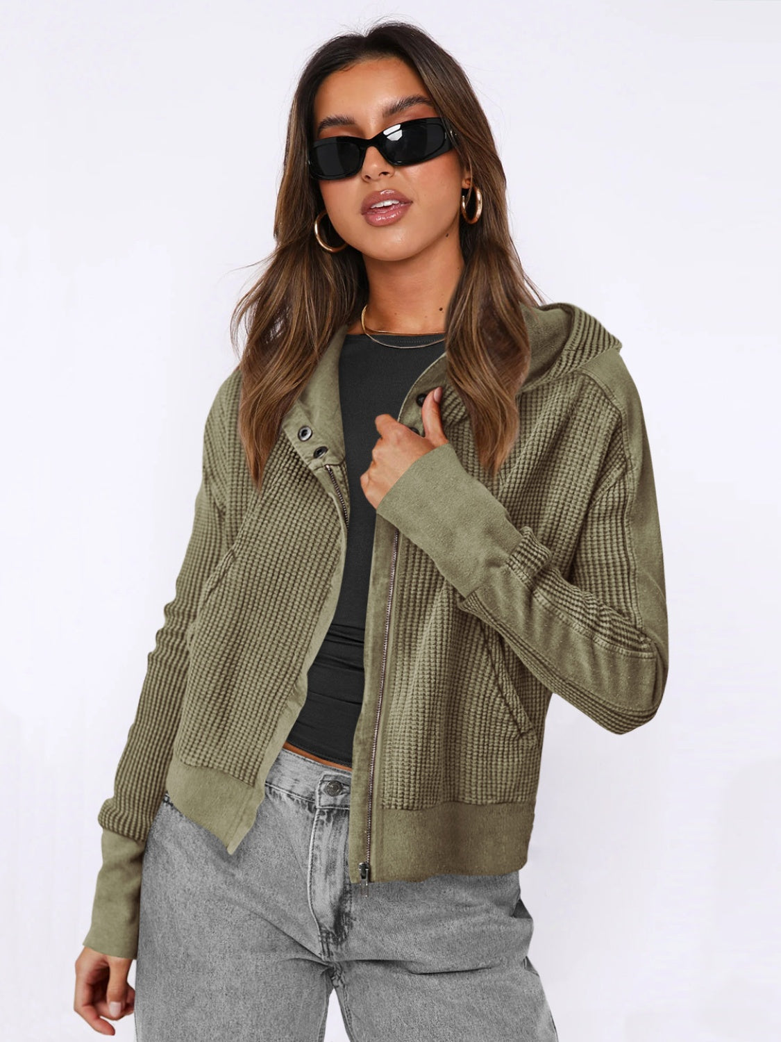Waffle-Knit Dropped Shoulder Hooded Jacket-Angel Casuals