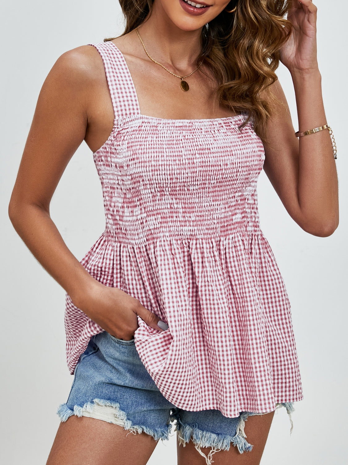 Smocked Plaid Square Neck Tank-Angel Casuals