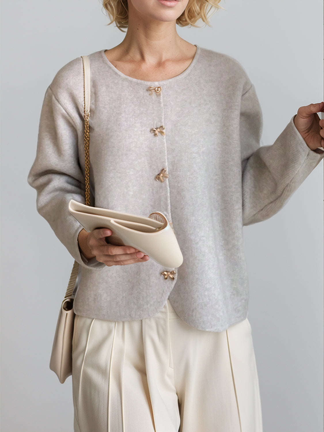 Bow Button Down Round Neck Long Sleeve Cardigan-Angel Casuals
