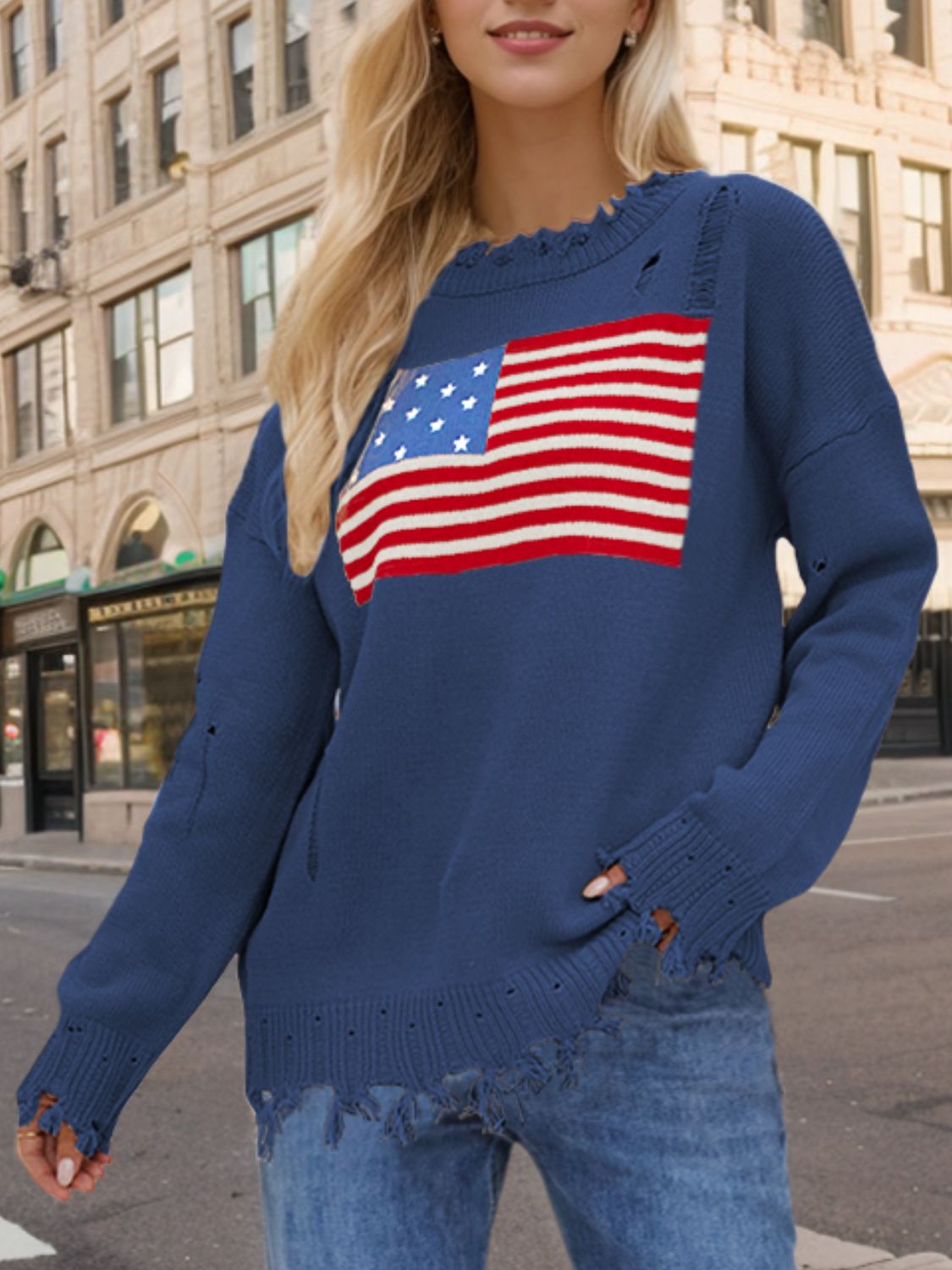 US Flag Distressed Round Neck Long Sleeve Sweater-Angel Casuals