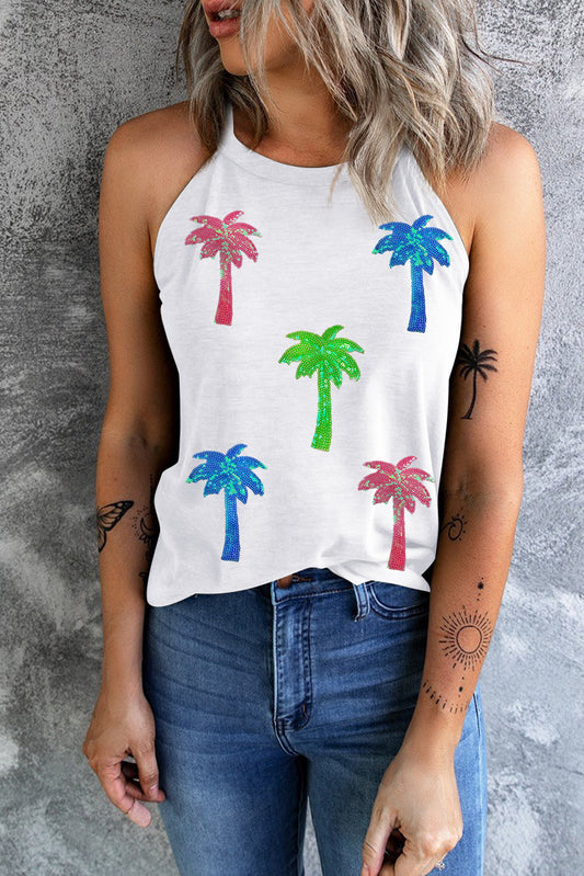 Sequin Coconut Tree Round Neck Tank-Angel Casuals