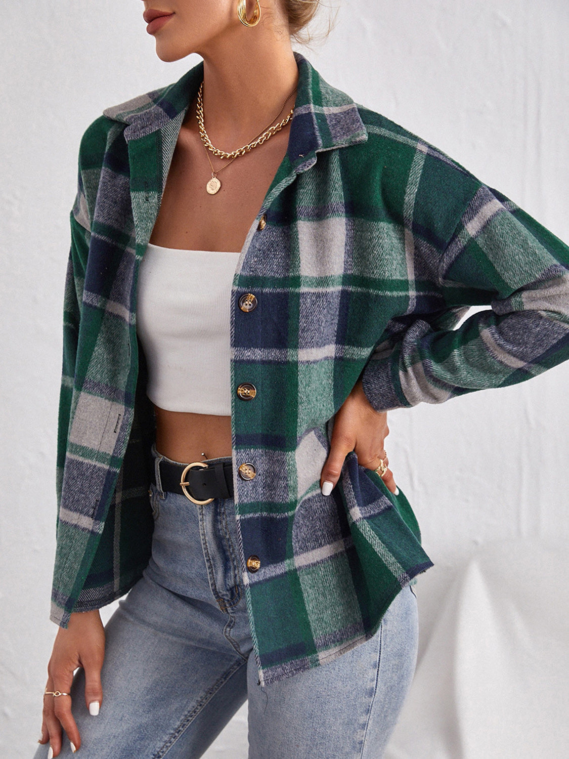 Plaid Collared Neck Button Down Jacket-Angel Casuals