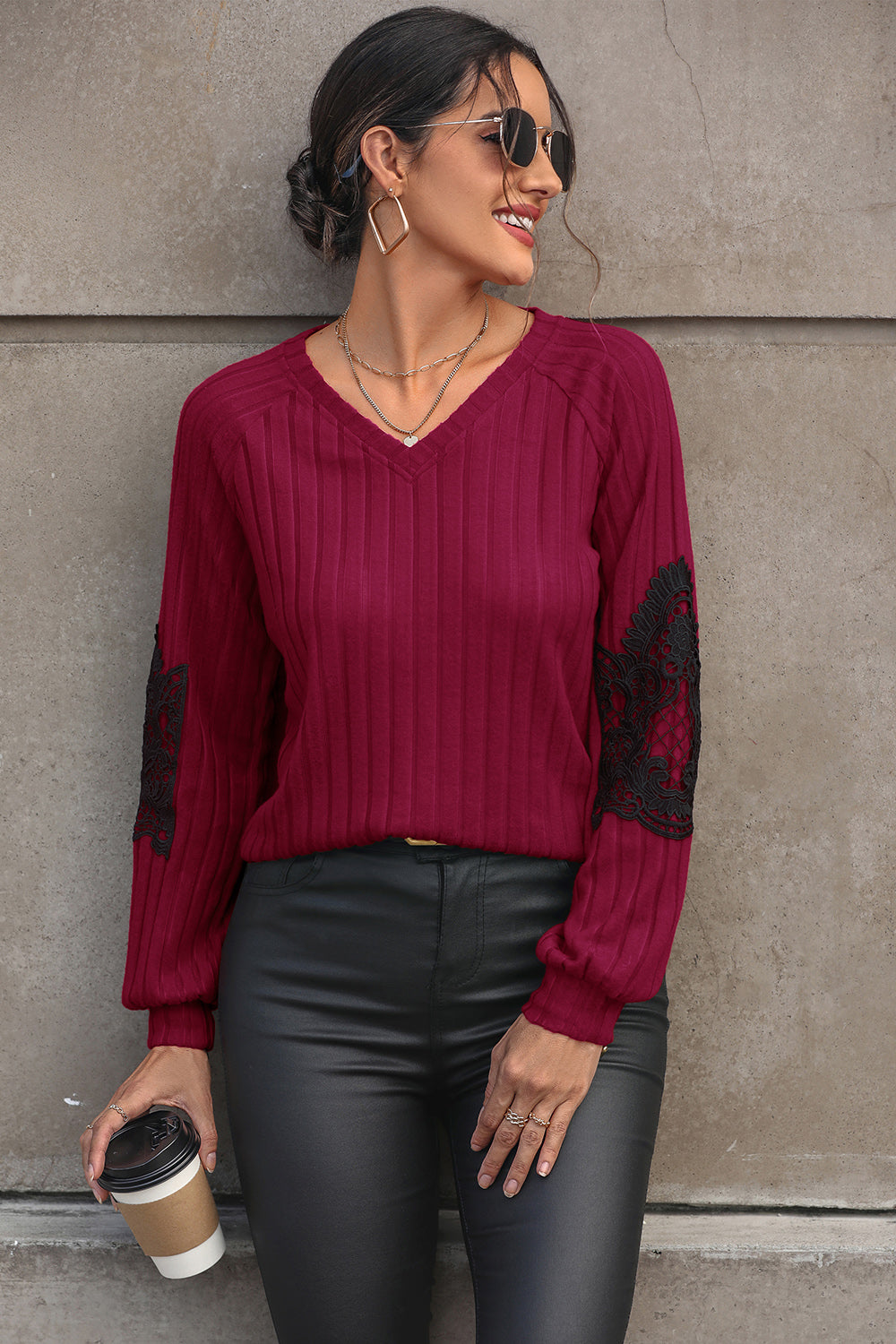 Perfee Ribbed Lace Detail V-Neck Sweater-Angel Casuals