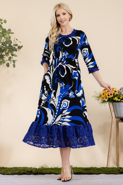 Celeste Full Size Paisley Print Lace Ruffled Midi Dress-Angel Casuals