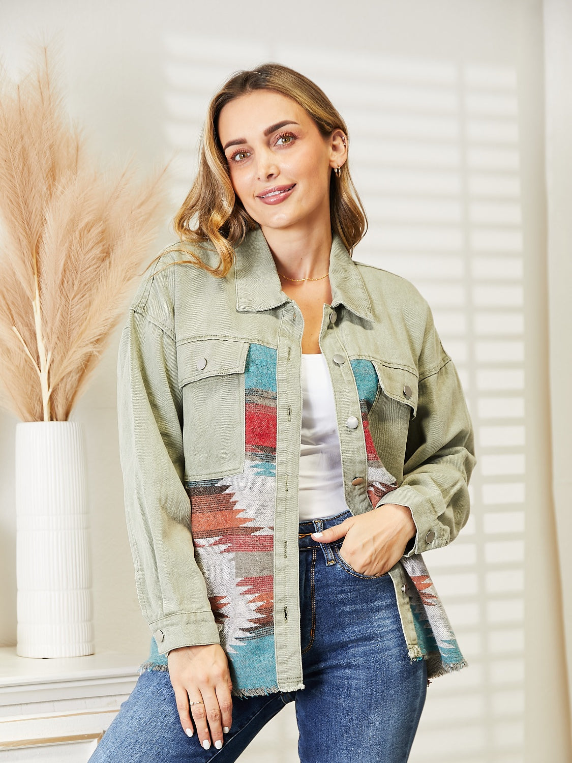 Dropped Shoulder Long Sleeve Printed Denim Jacket-Angel Casuals