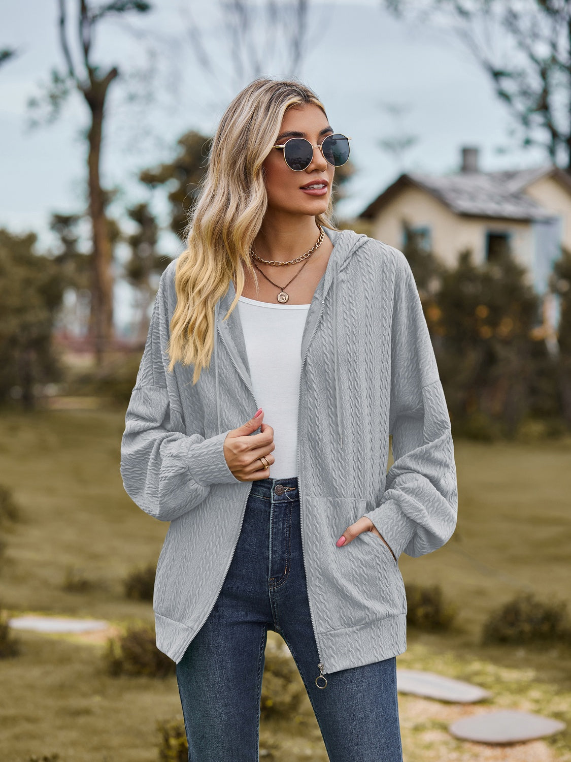 Zip Up Drawstring Long Sleeve Hooded Jacket-Angel Casuals
