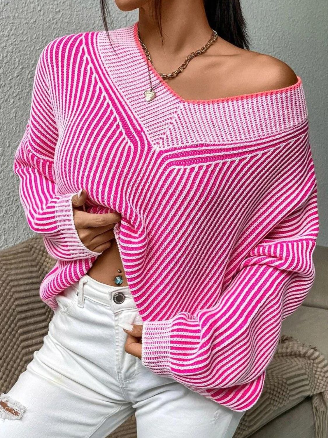 Striped V-Neck Long Sleeve Sweater-Angel Casuals