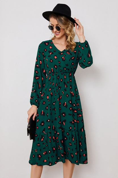 Printed Surplice Neck Long Sleeve Dress-Angel Casuals