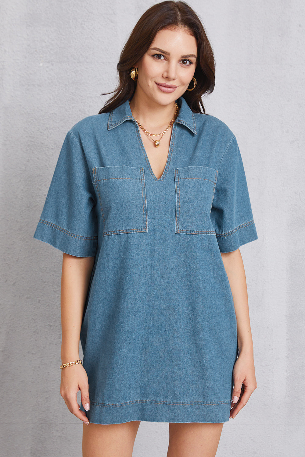 Pocketed Collared Neck Mini Denim Dress-Angel Casuals