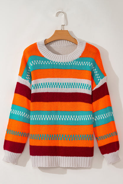 Contrast Striped Round Neck Long Sleeve Sweater-Angel Casuals