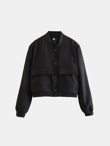 Pocketed Snap Down Baseball Collar Jacket-Angel Casuals