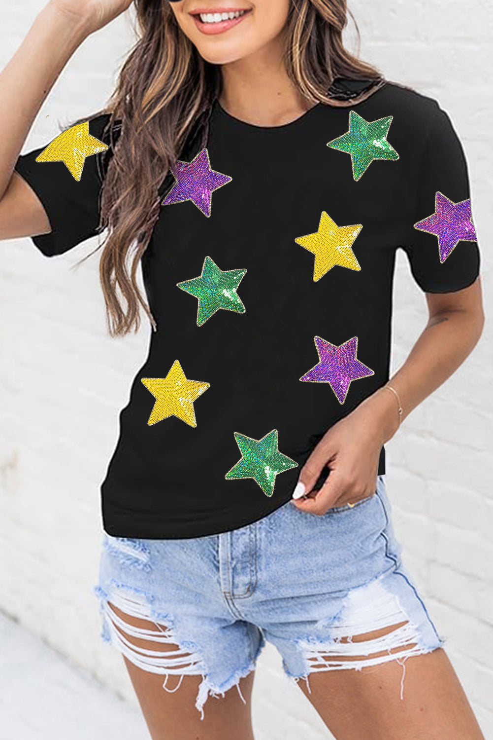 Sequin Stars Patched Round Neck T-Shirt-Angel Casuals