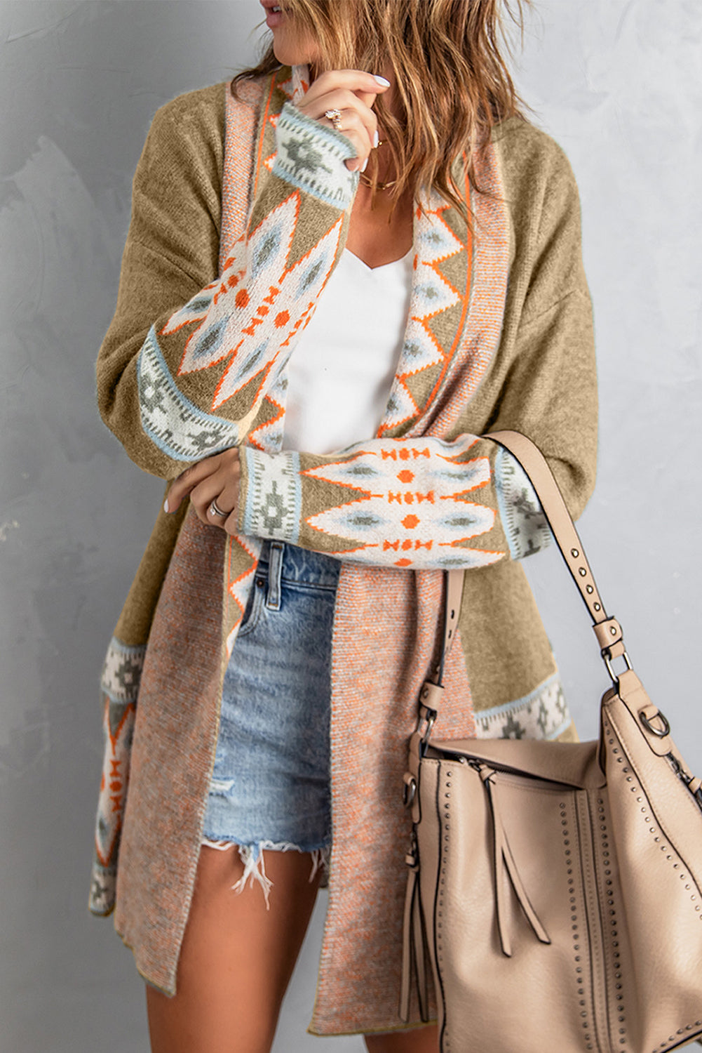 Geometric Open Front Long Sleeve Cardigan-Angel Casuals