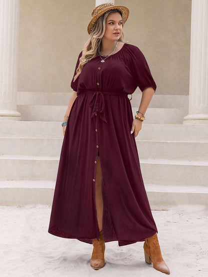 Plus Size Round Neck Half Sleeve Dress-Angel Casuals