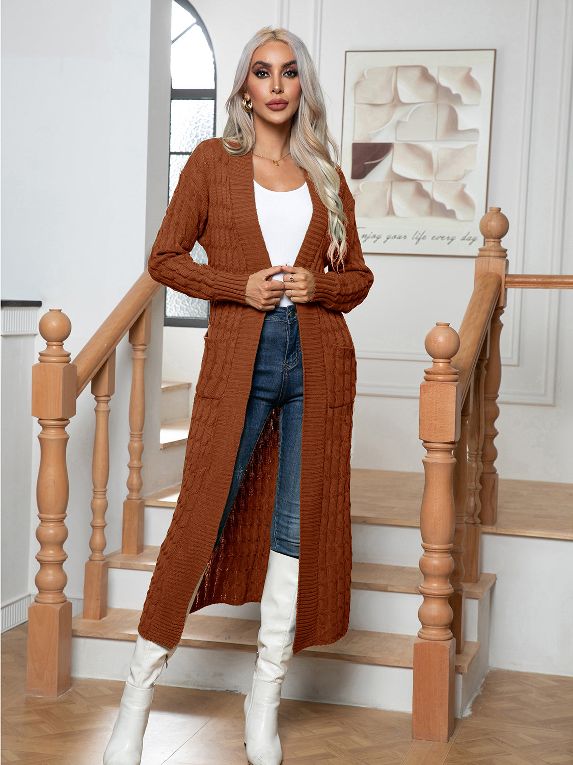 Cable-Knit Open Front Cardigan with Pockets-Angel Casuals