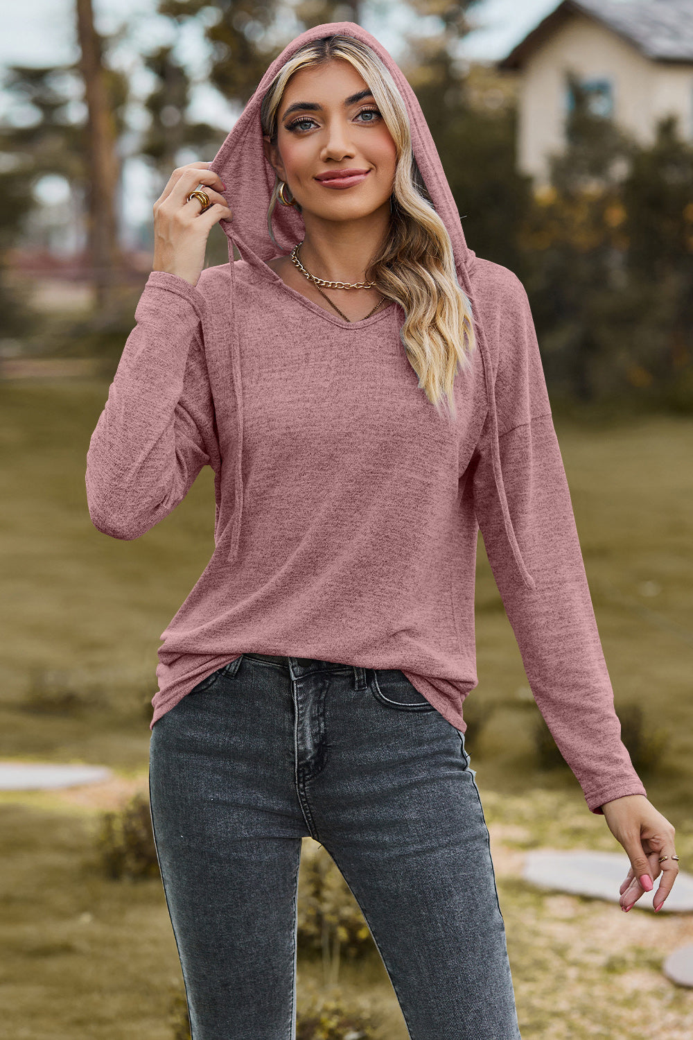 Drawstring Dropped Shoulder Hooded T-Shirt-Angel Casuals