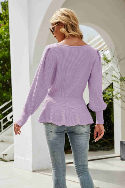 Ribbed Round Neck Lantern Sleeve Sweater-Angel Casuals