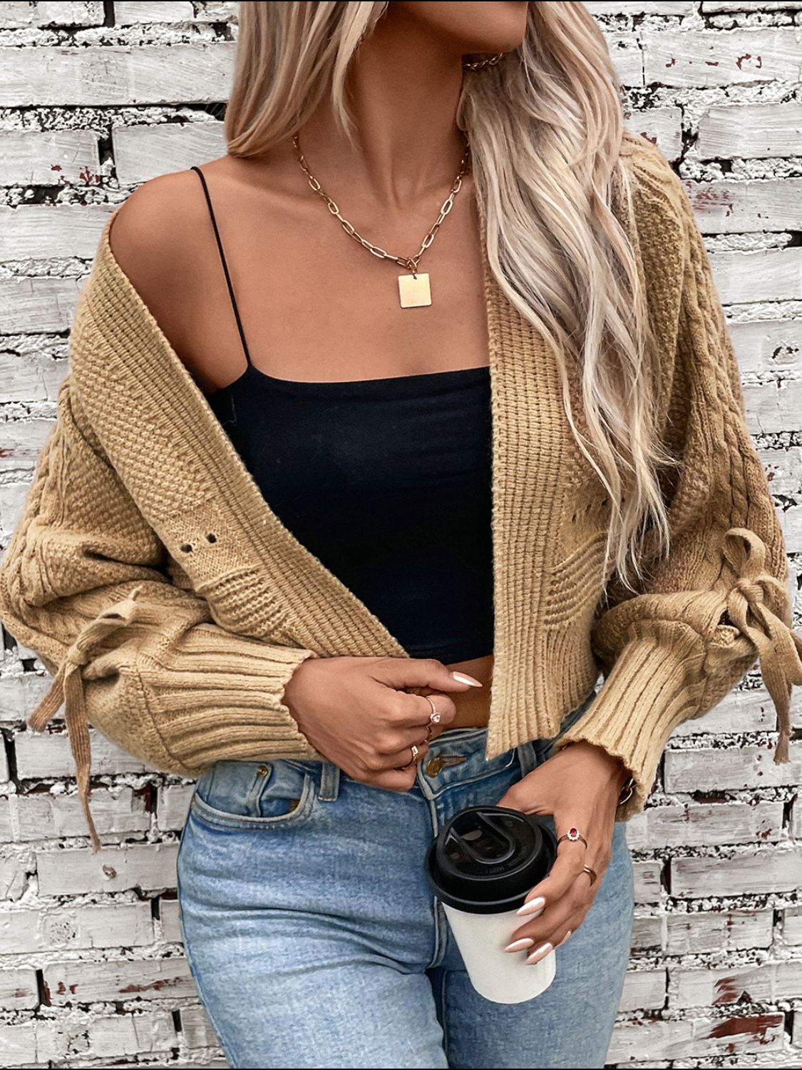 Cable-Knit Tied Open Front Lantern Sleeve Cardigan-Angel Casuals