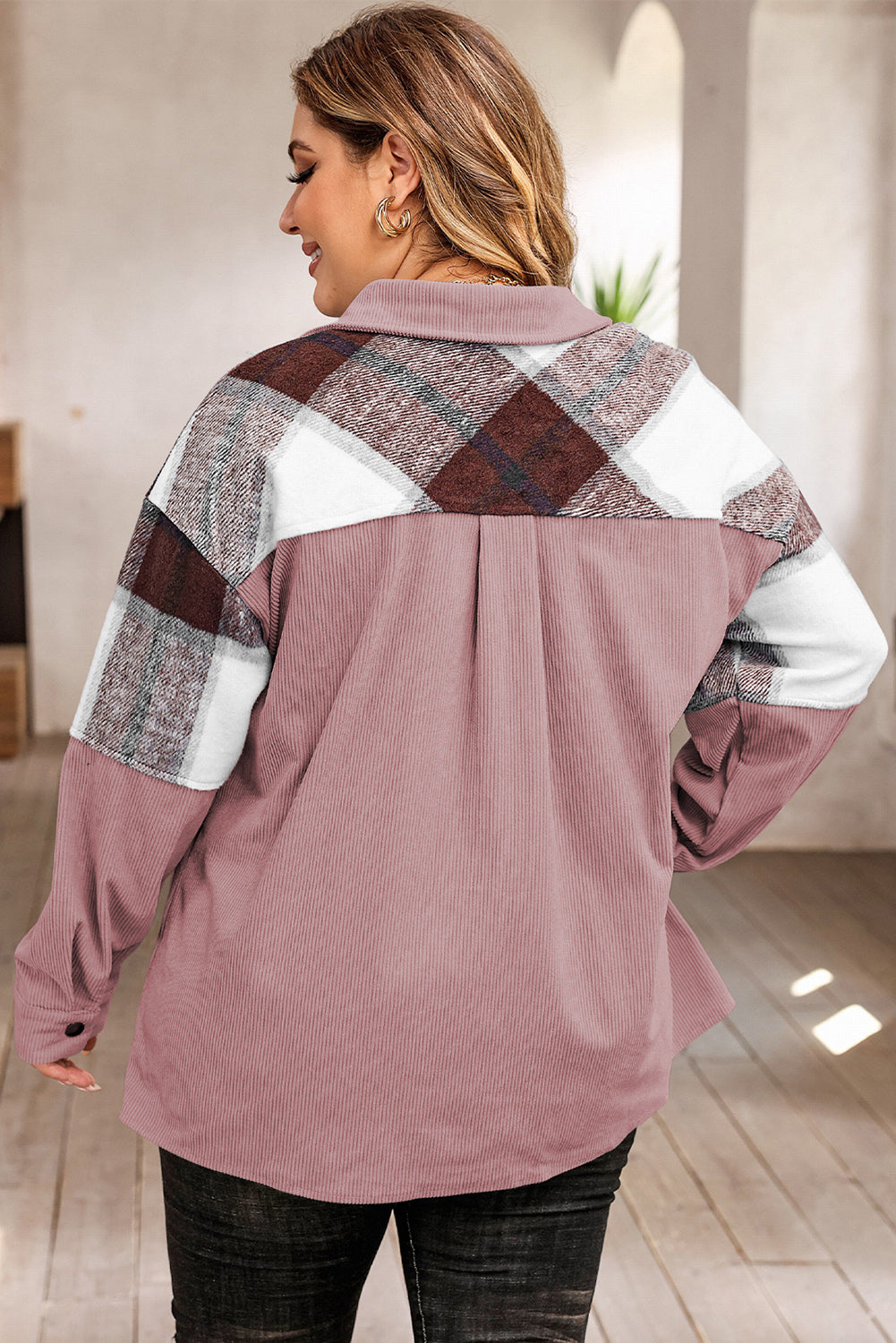 Plus Size Plaid Snap Down Jacket with Pockets-Angel Casuals