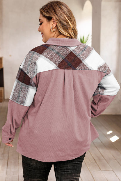 Plus Size Plaid Snap Down Jacket with Pockets-Angel Casuals