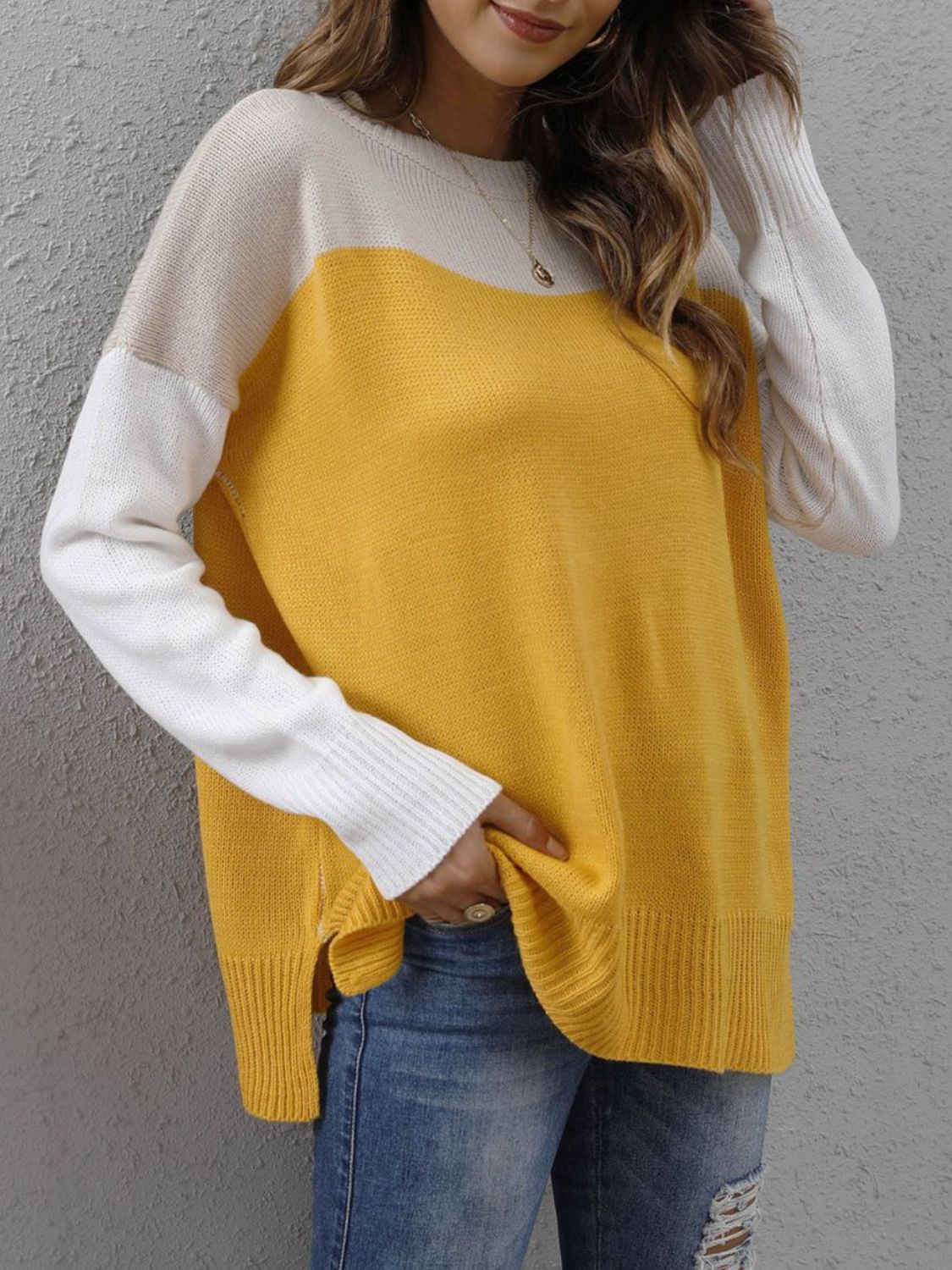 Color Block Round Neck Sweater-Angel Casuals