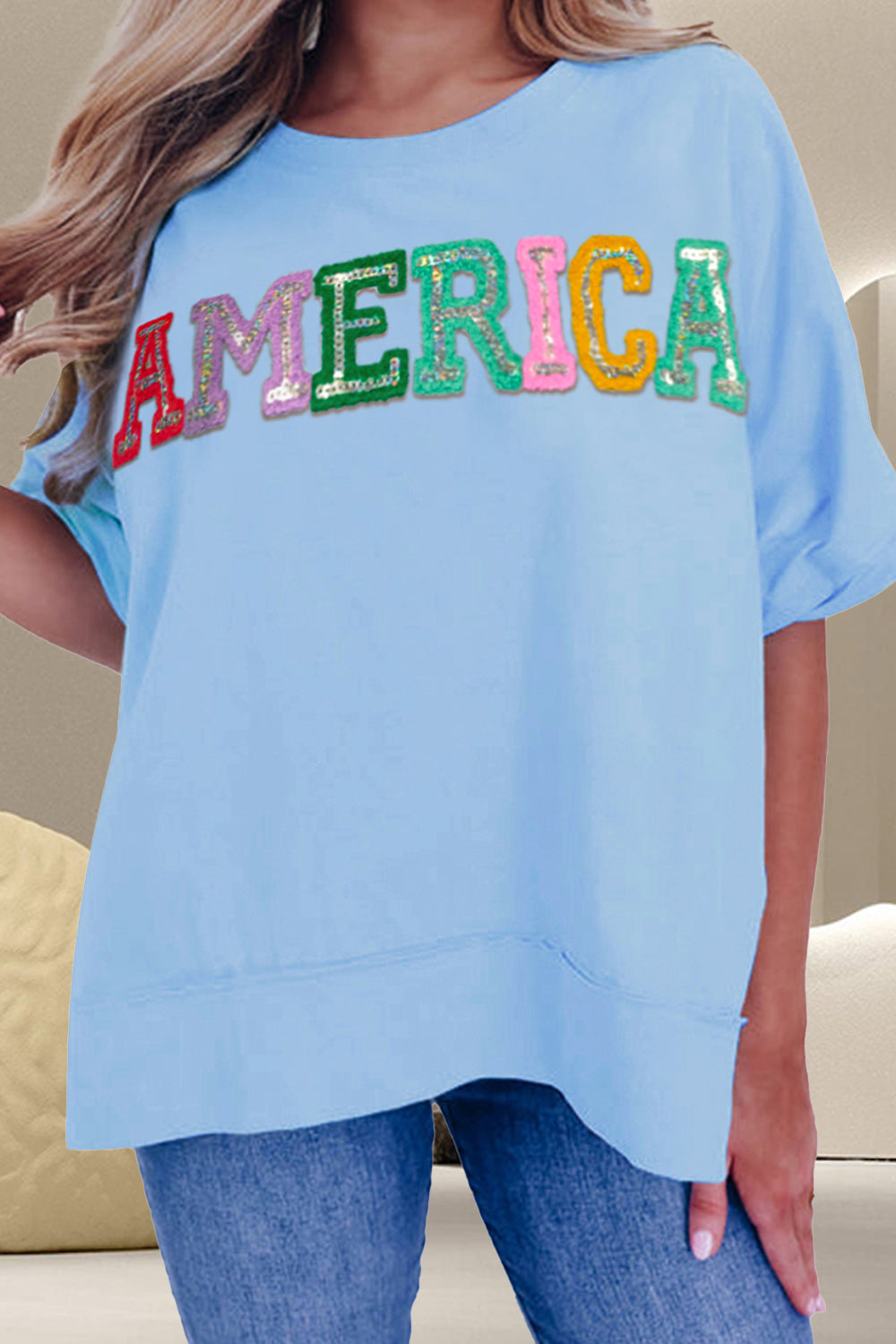 AMERICA Sequin Round Neck Half Sleeve T-Shirt-Angel Casuals