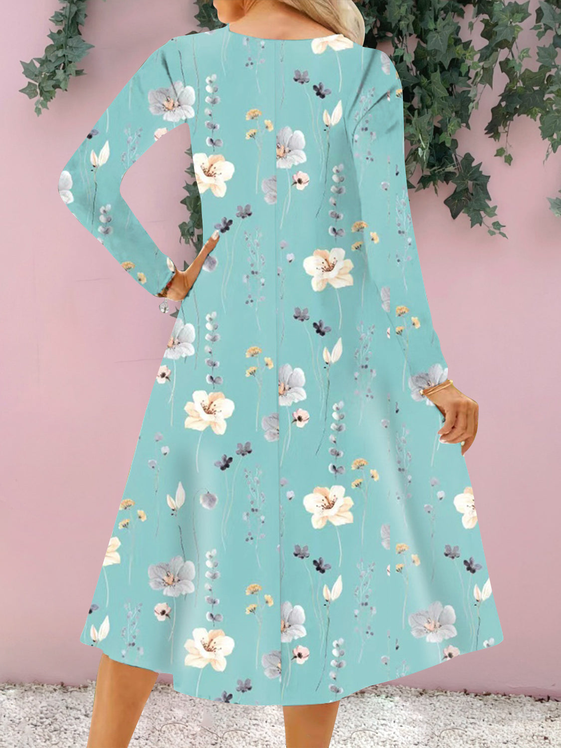 Floral Notched Long Sleeve Midi Dress-Angel Casuals