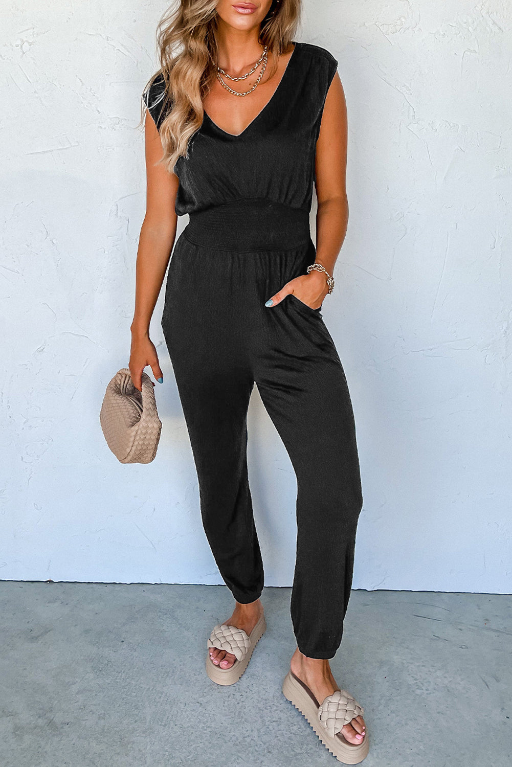 V-Neck Wide Strap Pocketed Jumpsuit-Angel Casuals