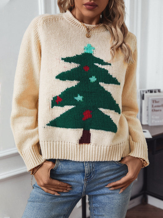 Christmas Tree Round Neck Raglan Sleeve Sweater-Angel Casuals