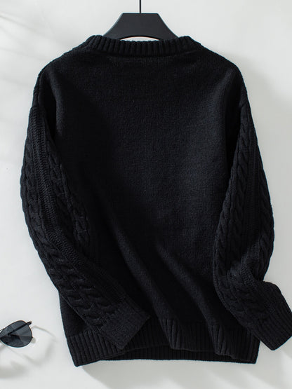 Cable-Knit Round Neck Long Sleeve Sweater-Angel Casuals