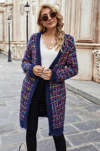 Multicolored Ribbed Trim Open Front Cardigan with Pockets-Angel Casuals