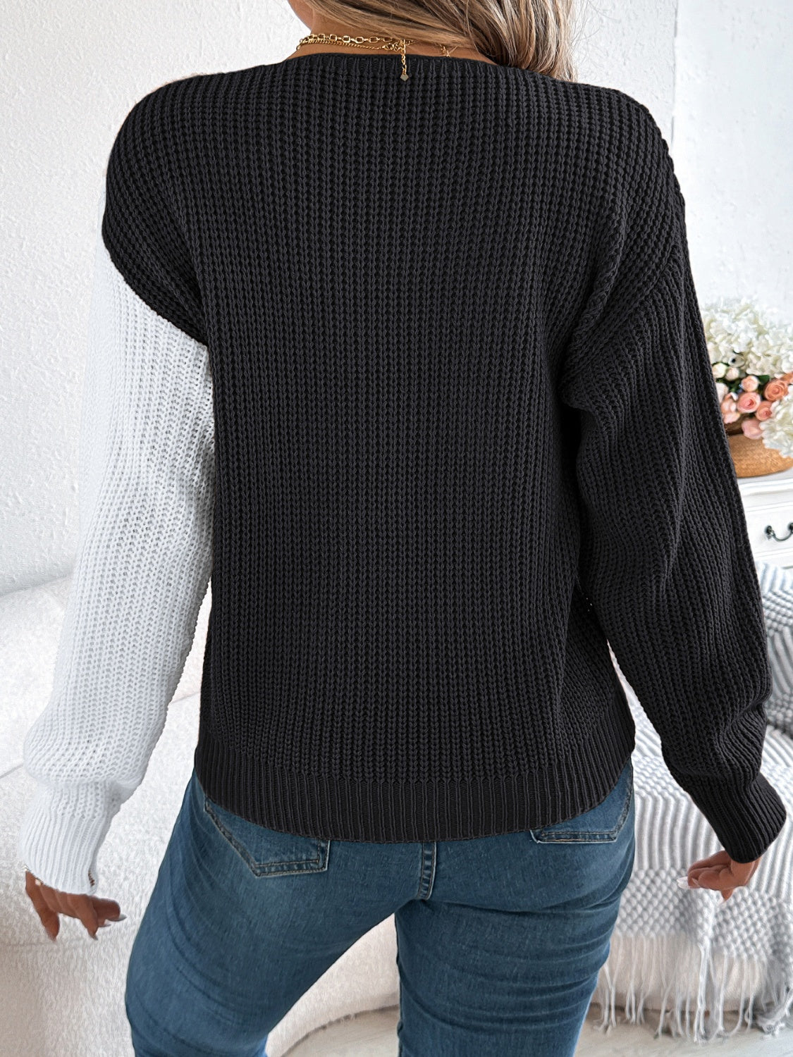 Two-Tone V-Neck Long Sleeve Sweater-Angel Casuals