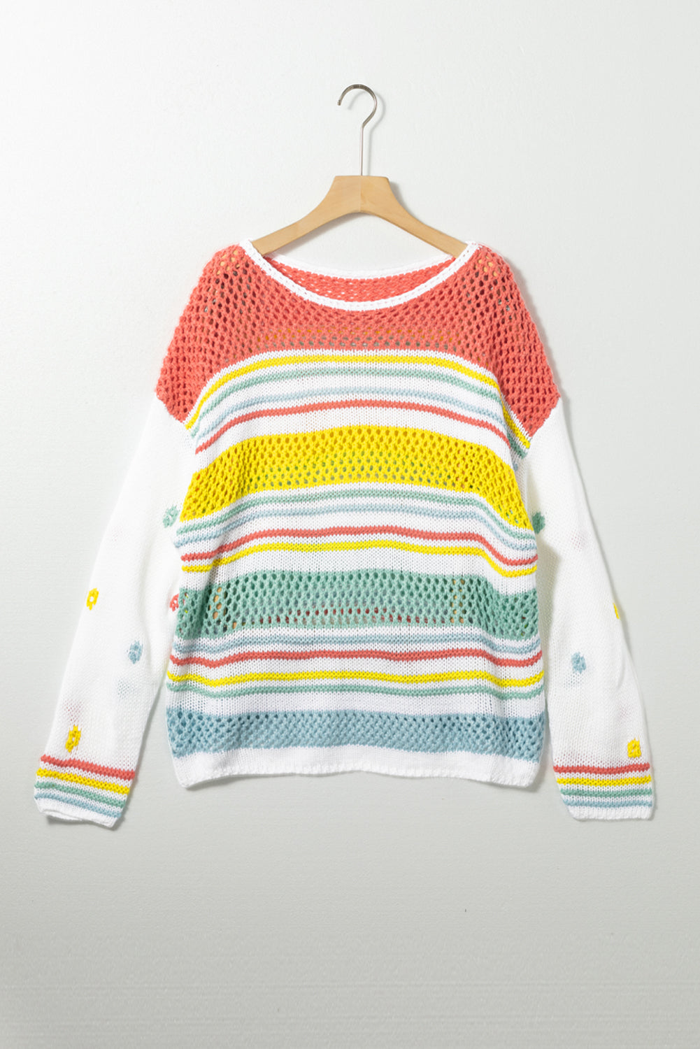 Hollow Striped Color Block Round Neck Sweater-Angel Casuals