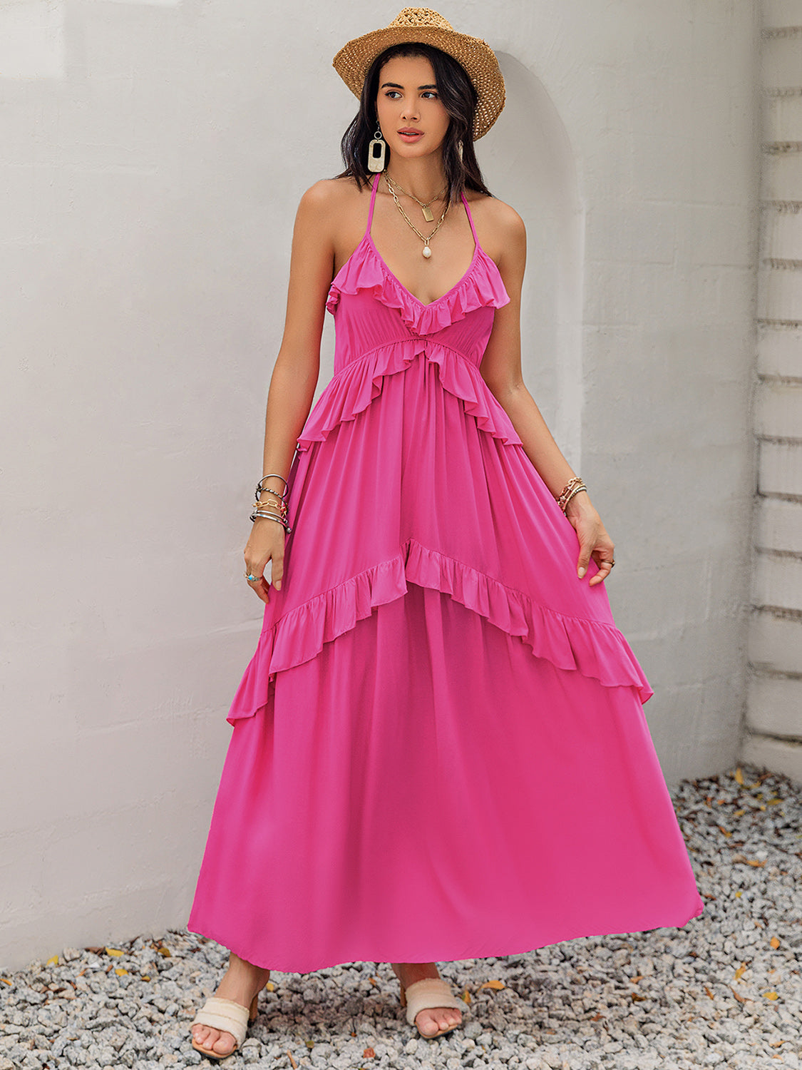 Ruffled Halter Neck Maxi Dress-Angel Casuals