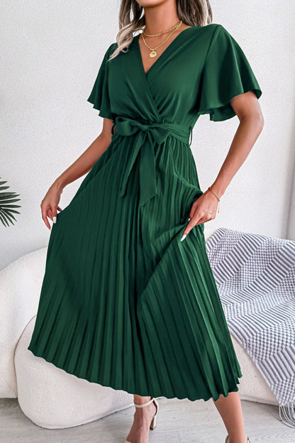 Pleated Flutter Sleeve Belted Dress-Angel Casuals