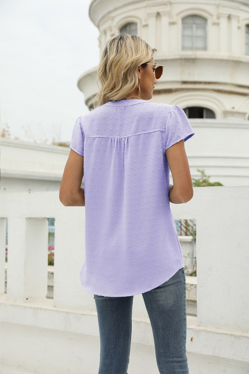 Swiss Dot Notched Neck Short Sleeve Top-Angel Casuals