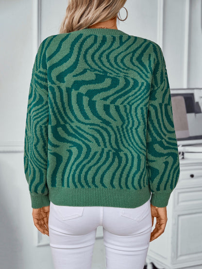 Geometric Round Neck Long Sleeve Sweater-Angel Casuals