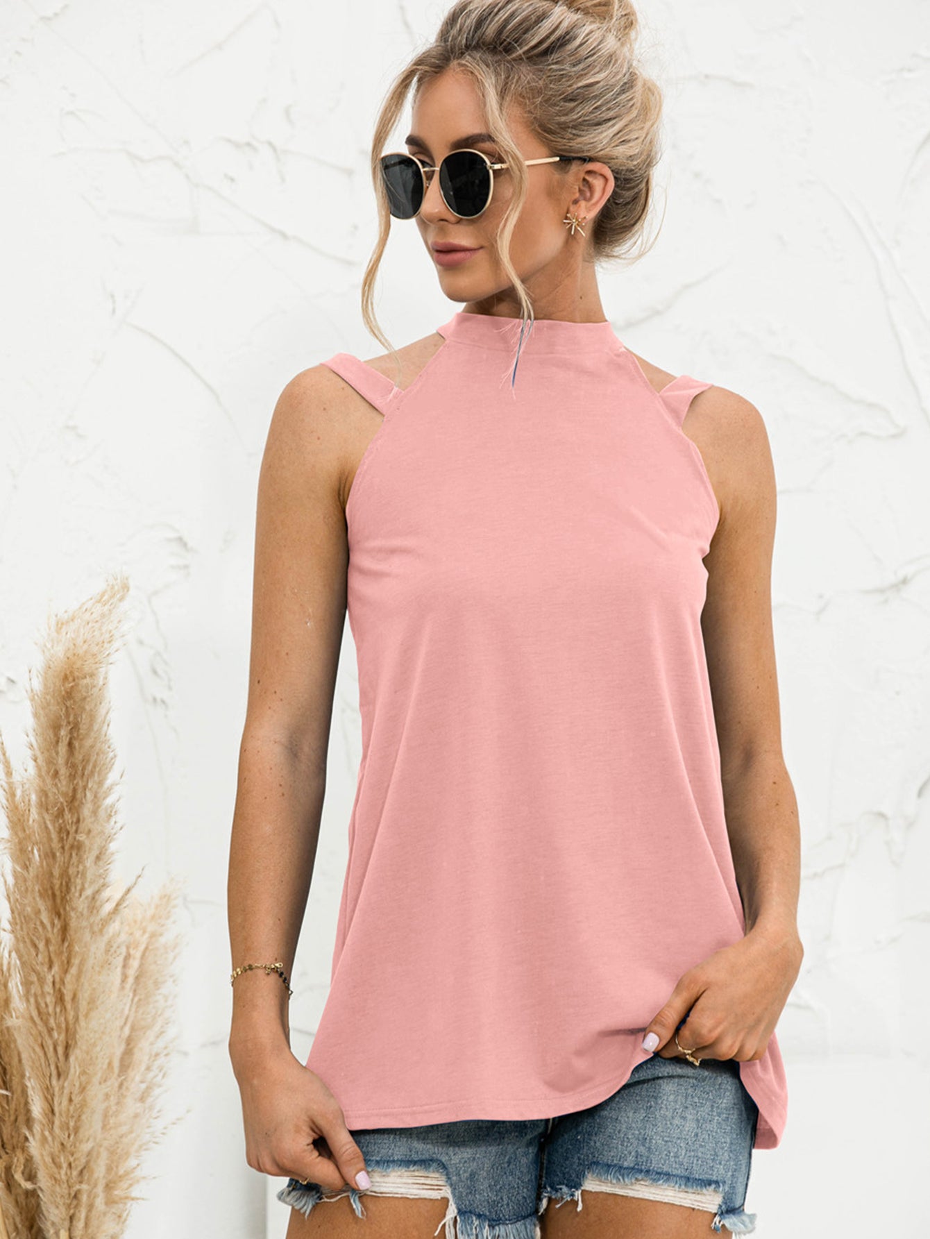 Cutout Mock Neck Tank-Angel Casuals